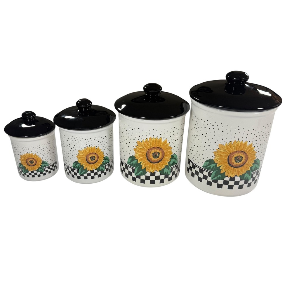 Tabletops Unlimited Sunny Sunflower Canister Set 4pc Black White Check Vintage